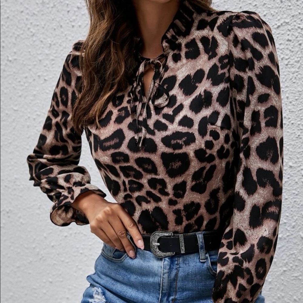 Camel black boho leopard print button up blouse - Picture 1 of 14